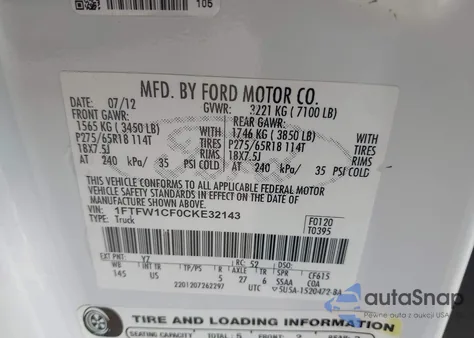 2012 Ford F-150 Xlt from USA, damaged, VIN 1FTFW1CF0CKE32143